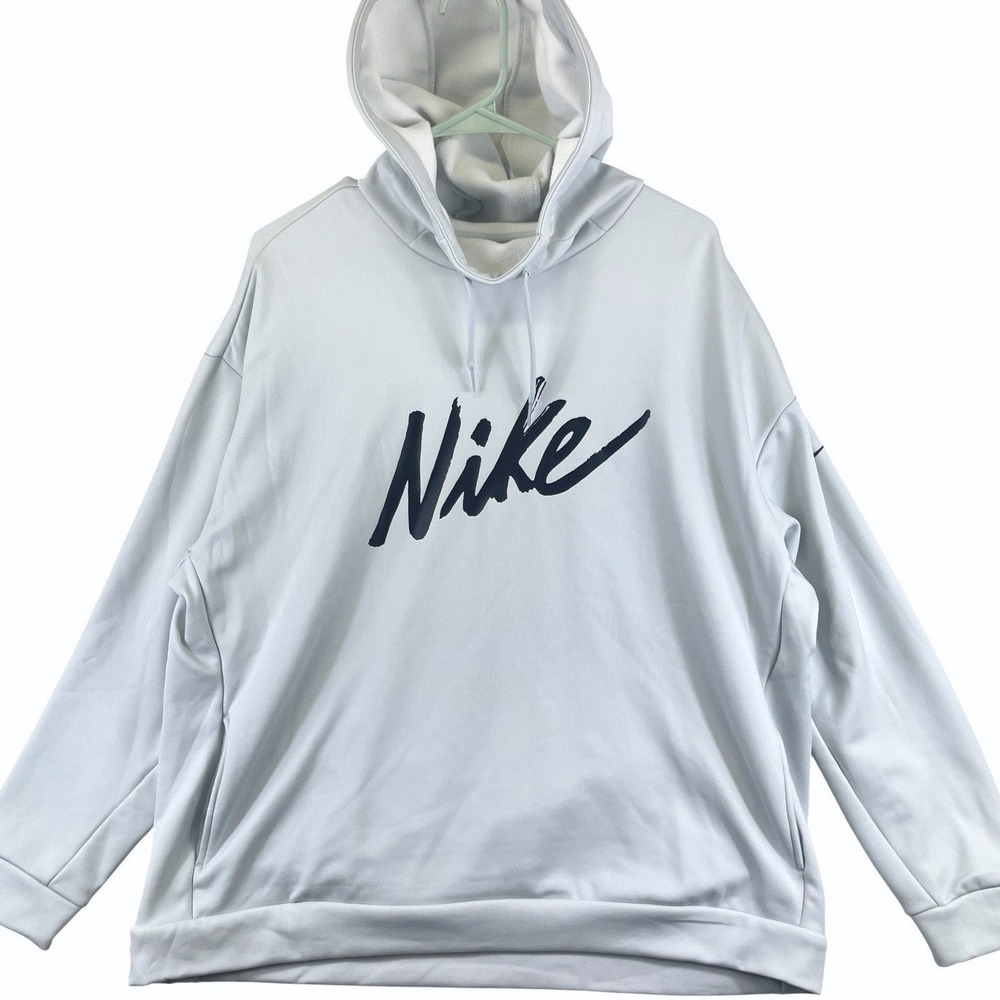 Nike Script Swoosh Graphic Hoodie Mens XL Light Blue Fleece Pullover Athleisure